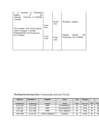 I' m Graduate in Mechanical
Engineer of the
Antioquia University of Medellin,
Colombia
I Was Student of the Naval Superior
School Cartagena, Colombia.
Financial Adviser. The Professional
Part of Matter
02-06-
1985
01 02
1993.
09-08-
1991
09 06
1994
Mechanical Engineer.
Financial Adviser. The
Professional Part of Matter.
Previous Sea Service (Date Commencing from Last Vessel)
Embarco
From(dd/mm/yy)
Desembarco
To (dd/mm/yy)
Compañía
(Company)
Nave
(Vessel)
Tipo
(Type)
Tonelaje
(Dwt /Tm) RANK PERIO
16 02 1982 15 04 1982 FMGC BUCARAMANGA GC 11.696 4E 2M
06 07 82 09 11 1982 FMGC CIUDADBOGOTA GC 11.651 4E 4M
10 11 1982 15 12 1982 FMGC CIUD. ARMENIA GC 11.932 4E 1M
26 07 1990 28 01 1991 LINEAS AGROMAR PIONERO BC 62.565 4E 6M
 
