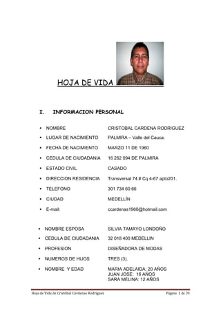 HOJA DE VIDA


    I.       INFORMACION PERSONAL


         NOMBRE                                  CRISTOBAL CARDENA RODRIGUEZ

         LUGAR DE NACIMIENTO                     PALMIRA – Valle del Cauca.

         FECHA DE NACIMIENTO                     MARZO 11 DE 1960

         CEDULA DE CIUDADANIA                    16 262 094 DE PALMIRA

         ESTADO CIVIL                            CASADO

         DIRECCION RESIDENCIA                    Transversal 74 # Cq 4-67 apto201.

         TELEFONO                                301 734 60 66

         CIUDAD                                  MEDELLÍN

         E-mail:                                 ccardenas1960@hotmail.com



         NOMBRE ESPOSA                           SILVIA TAMAYO LONDOÑO

         CEDULA DE CIUDADANIA                    32 018 400 MEDELLIN

         PROFESION                               DISEÑADORA DE MODAS

         NUMEROS DE HIJOS                        TRES (3).

         NOMBRE Y EDAD                           MARIA ADELAIDA: 20 AÑOS
                                                 JUAN JOSE: 16 AÑOS
                                                 SARA MELINA: 12 AÑOS


Hoja de Vida de Cristóbal Cárdenas Rodríguez                                  Página  1 de 20 
 