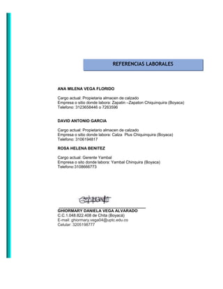 ANA MILENA VEGA FLORIDO
Cargo actual: Propietaria almacen de calzado
Empresa o sitio donde labora: Zapatin –Zapaton Chiquinquira (Boyaca)
Telefono: 3123658446 o 7263596
DAVID ANTONIO GARCIA
Cargo actual: Propietario almacen de calzado
Empresa o sitio donde labora: Calza Plus Chiquinquira (Boyaca)
Telefono: 3106194817
ROSA HELENA BENITEZ
Cargo actual: Gerente Yambal
Empresa o sito donde labora: Yambal Chinquira (Boyaca)
Telefono:3108666773
_______________________________________
GHIORMARY DANIELA VEGA ALVARADO
C.C.1.048.822.408 de Chita (Boyacá)
E-mail: ghiormary.vega04@uptc.edu.co
Celular: 3205198777
REFERENCIAS LABORALES
 