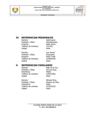 Municipio de Pasto
INSTITUCION EDUCATIVA MUNICIPAL LIBERTAD
Nit. 814006334-5
Decreto 0351 del 26 de agosto de 2003 S.E.M.
CERTIFICACION DE EXCELENCIA
IV. REFERENCIAS PERSONALES
Nombre: Sofia Suarez
Profesión / Oficio: Administradora
Empresa: Radio Sanyo
Teléfono de Contacto: 7231452
Ciudad: Pasto
Nombre: Luis Duarte
Profesión / Oficio: Empresario
Empresa: Pasto Textil
Teléfono de Contacto: 3154852356
Ciudad: Pasto
V. REFERENCIAS FAMILIARES
Nombre: Nelly de la Cruz
Profesión / Oficio: Ama de Casa
Parentesco: Madre
Teléfono de contacto: 3184152362
Ciudad: Pasto
Nombre: Olmedo Mora
Profesión / Oficio: Maestro de Obra
Parentesco: Padre
Teléfono de contacto 3135241252
Ciudad: Pasto
__________________________________________
YULIANA MARIA MORA DE LA CRUZ
T.I Nro: 98120806610
 