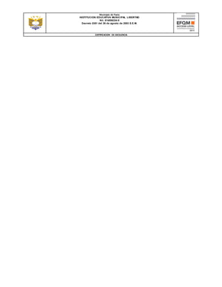 Municipio de Pasto
INSTITUCION EDUCATIVA MUNICIPAL LIBERTAD
Nit. 814006334-5
Decreto 0351 del 26 de agosto de 2003 S.E.M.
CERTIFICACION DE EXCELENCIA
 