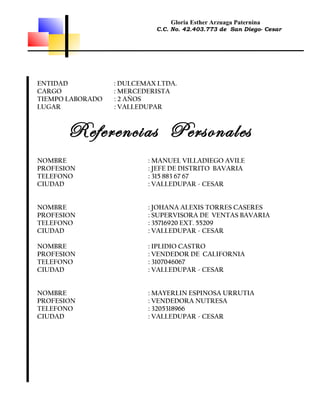 Gloria Esther Arzuaga Paternina
                            C.C. No. 42.403.773 de San Diego- Cesar




ENTIDAD           : DULCEMAX LTDA.
CARGO             : MERCEDERISTA
TIEMPO LABORADO   : 2 AÑOS
LUGAR             : VALLEDUPAR



       Referencias Personales
NOMBRE                    : MANUEL VILLADIEGO AVILE
PROFESION                 : JEFE DE DISTRITO BAVARIA
TELEFONO                  : 315 883 67 67
CIUDAD                    : VALLEDUPAR - CESAR


NOMBRE                    : JOHANA ALEXIS TORRES CASERES
PROFESION                 : SUPERVISORA DE VENTAS BAVARIA
TELEFONO                  : 35716920 EXT. 55209
CIUDAD                    : VALLEDUPAR - CESAR

NOMBRE                    : IPLIDIO CASTRO
PROFESION                 : VENDEDOR DE CALIFORNIA
TELEFONO                  : 3107046067
CIUDAD                    : VALLEDUPAR - CESAR


NOMBRE                    : MAYERLIN ESPINOSA URRUTIA
PROFESION                 : VENDEDORA NUTRESA
TELEFONO                  : 3205318966
CIUDAD                    : VALLEDUPAR - CESAR
 