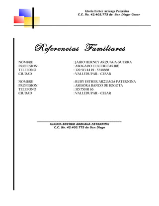 Gloria Esther Arzuaga Paternina
                              C.C. No. 42.403.773 de San Diego- Cesar




       Referencias Familiares
NOMBRE                     : JAIRO HERNEY ARZUAGA GUERRA
PROFESION                  : ABOGADO ELECTRICARIBE
TELEFONO                   : 320 513 44 19 - 5748860
CIUDAD                     : VALLEDUPAR - CESAR

NOMBRE                     : RUBY ESTHER ARZUAGA PATERNINA
PROFESION                  : ASESORA BANCO DE BOGOTA
TELEFONO                   : 315 750 81 66
CIUDAD                     : VALLEDUPAR - CESAR




        ___________________________________________
              GLORIA ESTHER ARZUAGA PATERNINA
                C.C. No. 42.403.773 de San Diego
 