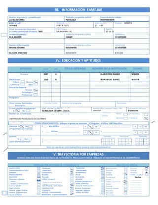 lll. INFORMACIÓN FAMILIAR
Nombre esposa(o) o compañera(a):
LUZ DARY SIERRA
Profesión, ocupación u oficio:
PSICOLOGA
Empresadonde trabaja:
INDEPENDIENTE
Cargo actual:
GERENTE
Dirección:
CRA 7 # 34-25
teléfono :
2723189
Ciudad: BOGOTA
No de personasque dependen
económicamentedel solicitante: TRES
Parentesco:
GRUPO FAMILIAR
Edades:
05-18-35
Nombre(s)padre(s)
LILA AGUIRRE
Profesión, ocupación u oficio
HOGAR
teléfono(s)
3134576598
Nombre(s)hermano(s)
MICHEL AGUIRRE
Profesión, ocupación u oficio
ESTUDIANTE
teléfono(s)
3134567268
CLAUDIA MARTINEZ ESTUDIANTE 8765356
IV. EDUCACION Y APTITUDES
ESTUDIOS AÑO DE AÑOS TITULOOBTENIDO NOMBRE DE LA INSTITUCION CIUDAD
FINALIZACION CURSADOS
Primaria 2007 6 MARCOFIDEL SUAREZ BOGOTA
Bachillerato
Clásico Técnico
Comercial Otro
2013 6 MARCOFIDEL SUAREZ BOGOTA
Educación Superior
Técnico
Tecnológico
Profesional
Postgrados
Otros: cursos, diplomados,
Seminarios
Intensidad horaria Nombre delprograma Institución
¿Cursaestudiosactualmente?
Sí No
¿Qué tipo de estudios?
TECNOLOGIA DEOBRAS CIVILES
Duración (años, semestres ,meses : SEIS
SEMESTRES
Año/semestre que cursa
1 SEMESTRE
Nombre de lainstitución
UNIVERSIDAD PEDAGOGICADECOLOMBIA
Diurno Fin de semana
Horario
Nocturno A distancia
OTROS CONOCIMIENTOS: Indique el grado de dominio R-Regular, B-Bien, MB-Muy Bien
Sistemas Sí No
¿Programa(s) que maneja?
1.___ Word Office __________________ 3._____________________________
2. _____ Helissa______________________ 4. ____________________________
Idiomas
Sí No
¿Qué idioma(s)conoce?
Lectura Escritura Hablado
1._______________________________________________________
2.
Nota: en caso de ser contratado(a)favor preparar todala documentación
V. TRAYECTORIA POR EMPRESAS
MARQUECON UNA EQUIS (X)EN QUECLASEDEEMPRESA(S)HA TRABAJADOY EN QUEAREA(S)DEESTA(S)EMPRESA(S)SE HA DESEMPEÑADO
EMPRESAS POR ACTIVIDADES ECONOMICAS (*) AREA DE LA EMPRESA
AGRICULTURA Metalurgia FINANCIERO
GANADERIA/AVICULTURA Maquinaria INMOBILIARIO
MINERIA Automotores INFORMATICO
HIDROCARBUROS Muebles SALUD
INDUSTRIA Reciclaje EDUCACION
Alimentos y Bebidas OTROS (¿Cuáles?) SEGUROS
Tabaco ______________________ TURISMO/RECREACION
Textiles y Confecciones ______________________ OTROS SERVICIOS
Cuero y Calzado ELECTRICIDAD /GAS /AGUA Asesorías Profesionales
Papel y Cartón CONSTRUCCION Servicios Temporales
Editorial y Artes Gráficas COMERCIO Seguridad Vigilancia
Químico y Farmacéutico HOTELES Y RESTAURANTES OTROS SECTORES
Caucho y Plástico TRANSPORTE Y ALMACENAMIENTO ____________________
Administración Personal
Auditoria Sistemas
Bodega Tesorería
Compras OTRAS (¿Cuáles?)
Contabilidad _____Ventas__
Costos _____________
Crédito y Cobranzas _____________
Diseño _____________
Finanzas _____________
Gerencia General _____________
Impuestos _____________
Mercadeo _____________
Producción _____________
R B MB
R B MB
MB
MB
B
B
R
R
R B MB
R B MB
MBBR
MBBR
R B MB
R B MB
 