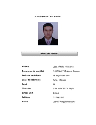 JOSE ANTHONY RODRIGUEZ
Nombre Jose Anthony Rodriguez
Documento de Identidad 1.052.386979 Duitama -Boyaca
Fecha de nacimiento 18 de julio del 1988
Lugar de Nacimiento Tunja - Boyacá
Edad 28
Dirección Calle 18ª # 27-19 Paipa
Estado Civil Soltero
Teléfono 3112662882
E-mail Josrex1988@hotmail.com
DATOS PERSONALES
 