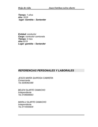 Hoja de vida Juan Esteban neira olarte
Tiempo: 1 años
Año: 2016
lugar: Gambita – Santander
Entidad: conductor
Cargo: conductor camioneta
Tiempo: 2 mes
Año:2019
Lugar: gambita – Santander
REFERENCIAS PERSONALES Y LABORALES
JESÚS MARÍA QUIROGA CABRERA
Comerciante
Tel.3208362389
BELEN OLARTE CAMACHO
Independiente
Tel.3106699993
MARILU OLARTE CAMACHO
Independiente
Tel.3114555934
 