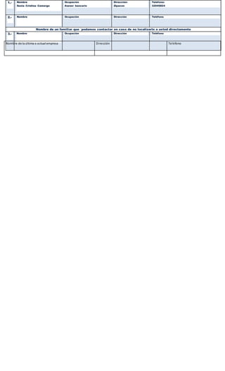 1.- Nombre
Sonia Cristina Camargo
Ocupación
Asesor bancario
Dirección:
Zipacon
Teléfono:
32045824
2.- Nombre Ocupación Dirección Teléfono
Nombre de un familiar que ´podamos contactar en caso de no localizarlo a usted directamente
3.- Nombre Ocupación Dirección Teléfono
Nombre de la última o actual empresa Dirección Teléfono
 