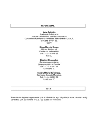 REFERENCIAS.
Jairo Caicedo.
Auxiliar de Enfermería.
Hospital Universitario Evaristo García ESE.
Cursando Actualmente 7 semestres de Enfermería USACA.
Cel.:318-377 04 32.
Cali V.
Diana Marcela Duque.
Médica Asistencial.
Fundación Valle del Lili.
Cel.: 314 – 814 49 23.
Cali V.
Bladimir Hernández.
Ganadero comerciante.
Supermercado La Estrella.
Cel.: 311 – 312 47 11.
La Victoria V.
Sandra Milena Hernández.
Secretaria Concejo Municipal.
Cel.: 314 – 606 25 59.
La Victoria V.
Para efectos legales hago constar que la información aquí depositada es de carácter real y
verdadera (Art. 62 numeral 1º C.S.T.) y puede ser verificada.
NOTA
 