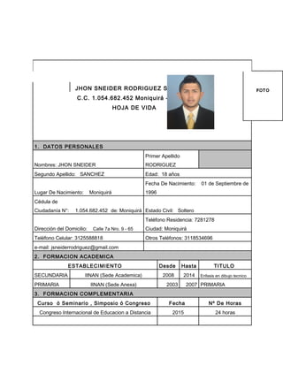 JHON SNEIDER RODRIGUEZ SANCHEZ
C.C. 1.054.682.452 Moniquirá - Boyaca
HOJA DE VIDA
1. DATOS PERSONALES
Nombres: JHON SNEIDER
Primer Apellido
RODRIGUEZ
Segundo Apellido: SANCHEZ Edad: 18 años
Lugar De Nacimiento: Moniquirá
Fecha De Nacimiento: 01 de Septiembre de
1996
Cédula de
Ciudadanía N°: 1.054.682.452 de: Moniquirá Estado Civil: Soltero
Dirección del Domicilio: Calle 7a Nro. 9 - 65
Teléfono Residencia: 7281278
Ciudad: Moniquirá
Teléfono Celular: 3125588818 Otros Teléfonos: 3118534696
e-mail: jsneiderrodriguez@gmail.com
2. FORMACION ACADEMICA
ESTABLECIMIENTO Desde Hasta TITULO
SECUNDARIA IINAN (Sede Academica) 2008 2014 Enfasis en dibujo tecnico
PRIMARIA IINAN (Sede Anexa) 2003 2007 PRIMARIA
3. FORMACION COMPLEMENTARIA
Curso ó Seminario , Simposio ó Congreso Fecha Nº De Horas
Congreso Internacional de Educacion a Distancia 2015 24 horas
 