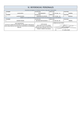 VI. REFERENCIAS PERSONALES
RELACIONE DOS NOMBRES DE PERSONAS DISTINTAS A FAMILIARES O EMPLEADORES
1.
NOMBRE OCUPACION DIRECCION TELEFONO
JAVIER ORTIZ INDEPENDIENTE CRA 72 # 162 - 15 31548796
2.
NOMBRE OCUPACION DIRECCION TELEFONO
JULIAN DELGADO INGENIERO DE SOPORTE CRA 7 # 142A - 28 96735214
NOMBRE DE UN FALIMIAR QUE PODAMOS CONTACTAR EN CASO DE NO LOCALIZARLO A USTED DIRECTAMENTE
3.
NOMBRE OCUPACION DIRECCION TELEFONO
SANDRA PINZON RECTORA INSTITUCION ED. CLL 142 # 20 - 38 4658246
NOTA IMPORTANTE
FAVOR NO LLAMAR POR TELEFONO, NI CONCURRIR A PREGUNTAR
POR EL RESULTADO DE ESTA SOLICITUD.NOSOTROSLE AVISAREMOS,
GRACIAS.
CERTIFICACION
PARA TODOS LOS EFECTOS LEGALES,
CERTIFICO QUE TODAS LAS RESPUESTAS E
INFORMACIONES ANOTADAS POR MI, EN EL
PRESENTE FORMATO SON VERACES
FIRMA DEL SOLICITANTE
CC. N° 1,094,121,684
 