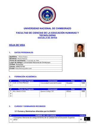 UNIVERSIDAD NACIONAL DE CHIMBORAZO
FACULTAD DE CIENCIAS DE LA EDUCACIÓN HUMANAS Y
TECNOLOGÍAS
ESCUELA DE ARTES
HOJA DE VIDA
1. DATOS PERSONALES
Apellidos: Flores Franco
Nombres: Héctor Patricio
Fecha de nacimiento: 11 de Julio de 1964
Lugar de trabajo I: Universidad Nacional de Chimborazo
Ciudad: Riobamba
Celular: 089075744
E-mail: francoflores@yahoo.com
2. FORMACIÓN ACADÉMICA
N° Títulos de Pregrado Universidad País Año
1 Lcdo. en Artes Plásticas Universidad Central del Ecuador Ecuador 1988
2
Nº Títulos de Posgrado Universidad País Año
1 MA, Master of Arts Queens College, NY EEUU 1995
2
3
3. CURSOS Y SEMINARIOS RECIBIDOS
3.1 Cursos y Seminarios ofrecidos por la UNACH
Nº NOMBRE DE LOS CURSOS HORAS
1
I Congreso Nacional de aseguramiento de la Calidad de la Educación Superior.
2012 20
FOTO
DIGITALIZADA
A COLOR
1
 