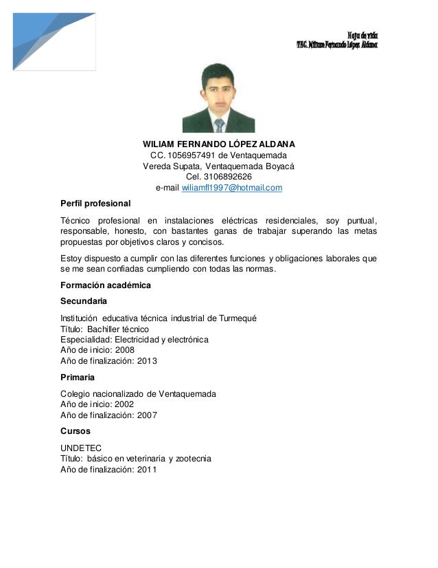 Resultado de imagen para hoja de vida de un bachiller tecnico