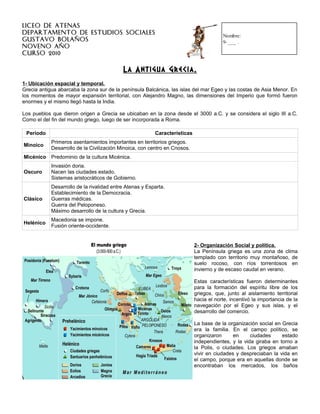 Liceo de Atenas
Departamento de Estudios Sociales                                                      Nombre:
Gustavo Bolaños                                                                        9- ___ .
Noveno Año
Curso 2010

                                           La Antigua Grecia.
1- Ubicación espacial y temporal.
Grecia antigua abarcaba la zona sur de la península Balcánica, las islas del mar Egeo y las costas de Asia Menor. En
los momentos de mayor expansión territorial, con Alejandro Magno, las dimensiones del Imperio que formó fueron
enormes y el mismo llegó hasta la India.

Los pueblos que dieron origen a Grecia se ubicaban en la zona desde el 3000 a.C. y se considera el siglo III a.C.
Como el del fin del mundo griego, luego de ser incorporada a Roma.

 Período                                                 Características
            Primeros asentamientos importantes en territorios griegos.
Minoico
            Desarrollo de la Civilización Minoica, con centro en Cnosos.
Micénico Predominio de la cultura Micénica.
            Invasión doria.
Oscuro      Nacen las ciudades estado.
            Sistemas aristocráticos de Gobierno.
            Desarrollo de la rivalidad entre Atenas y Esparta.
            Establecimiento de la Democracia.
Clásico     Guerras médicas.
            Guerra del Peloponeso.
            Máximo desarrollo de la cultura y Grecia.
            Macedonia se impone.
Helénico
            Fusión oriente-occidente.


                                                                           2- Organización Social y política.
                                                                           La Península griega es una zona de clima
                                                                           templado con territorio muy montañoso, de
                                                                           suelo rocoso, con ríos torrentosos en
                                                                           invierno y de escaso caudal en verano.

                                                                           Estas características fueron determinantes
                                                                           para la formación del espíritu libre de los
                                                                           griegos, que, junto al aislamiento territorial
                                                                           hacia el norte, incentivó la importancia de la
                                                                           navegación por el Egeo y sus islas, y el
                                                                           desarrollo del comercio.

                                                                           La base de la organización social en Grecia
                                                                           era la familia. En el campo político, se
                                                                           organizaron      en     ciudades     estado
                                                                           independientes, y la vida giraba en torno a
                                                                           la Polis, o ciudades. Los griegos amaban
                                                                           vivir en ciudades y despreciaban la vida en
                                                                           el campo, porque era en aquellas donde se
                                                                           encontraban los mercados, los baños
 