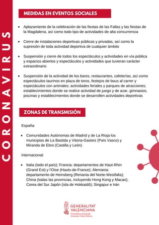CORONAVIRUS
Comunidades Autónomas de Madrid y de La Rioja los
municipios de La Bastida y Vitoria-Gasteiz (País Vasco) y
Miranda de Ebro (Castilla y León)
Italia (todo el país); Francia: departamentos de Haut-Rhin
(Grand Est) y l'Oise (Hauts-de-France); Alemania:
departamento de Heinsberg (Renania del Norte-Westfalia);
China (todas las provincias, incluyendo Hong Kong y Macao);
Corea del Sur Japón (isla de Hokkaidō); Singapur e Irán
España:
Internacional:
ZONAS DE TRANSMISIÓN
Aplazamiento de la celebración de las fiestas de las Fallas y las fiestas de
la Magdalena, así como todo tipo de actividades de alta concurrencia
Cierre de instalaciones deportivas públicas y privadas, así como la
supresión de toda actividad deportiva de cualquier ámbito
Suspensión y cierre de todos los espectáculos y actividades en vía pública
y espacios abiertos y espectáculos y actividades que tuvieran carácter
extraordinario
Suspensión de la actividad de los bares, restaurantes, cafeterías, así como
espectáculos taurinos en plaza de toros, festejos de bous al carrer y
espectáculos con animales; actividades feriales y parques de atracciones;
establecimientos donde se realice actividad de juego y de azar, gimnasios,
piscinas y establecimientos donde se desarrollen actividades deportivas
MEDIDAS EN EVENTOS SOCIALES
 