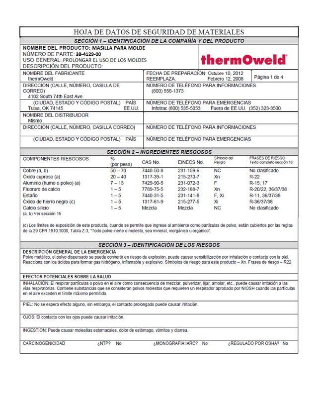 Hoja msds de seguridad 38 412900 thermoweld PDF