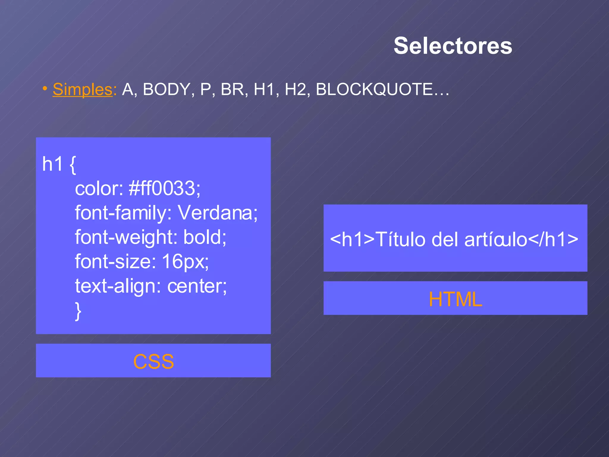 h1 { color: #ff0033; font-family: Verdana; font-weight: bold; font-size: 16px; text-align: center; } CSS <h1>Título del artículo</h1> HTML Simples :  A, BODY, P, BR, H1, H2, BLOCKQUOTE… Selectores 