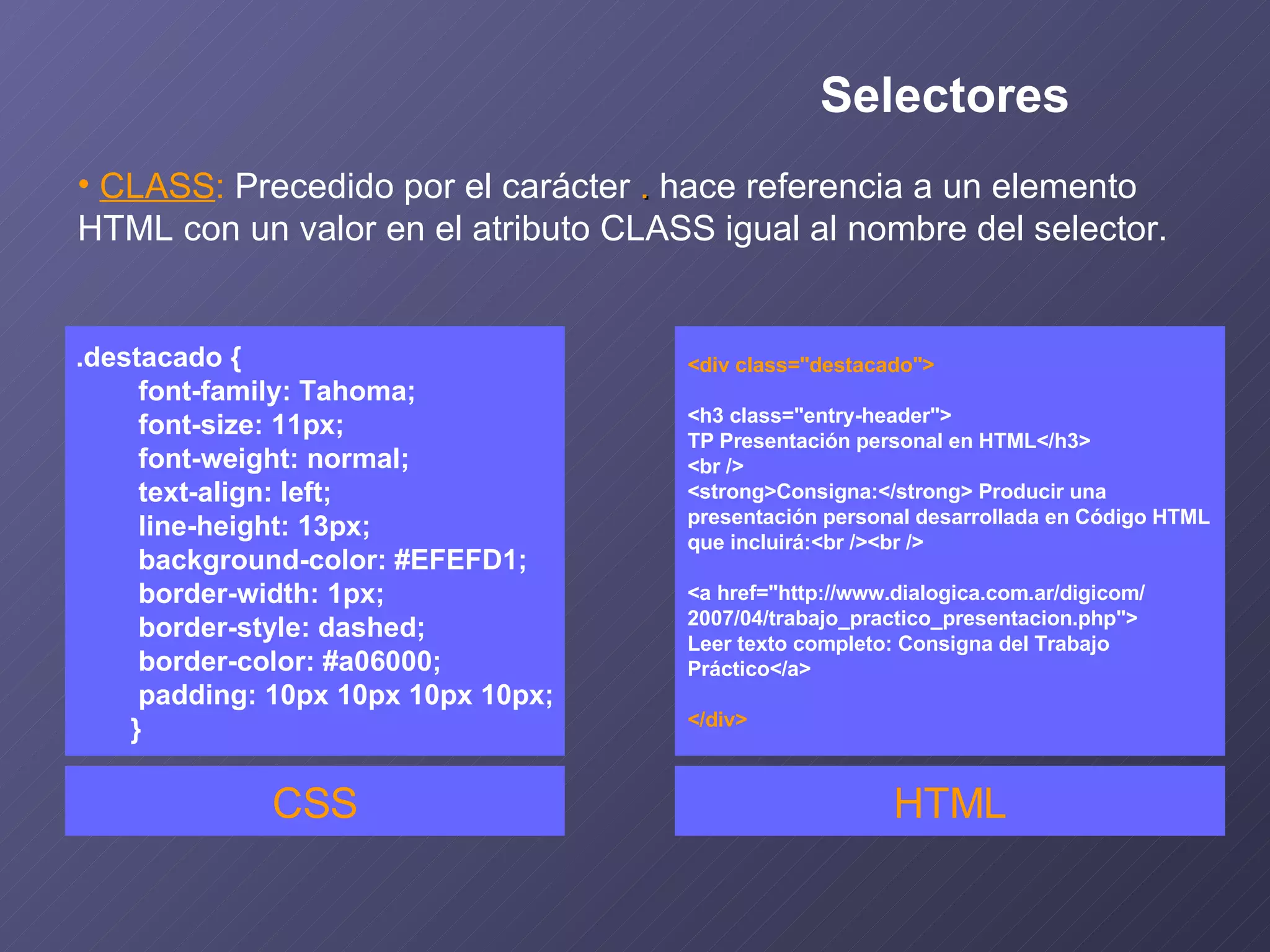 CLASS :  Precedido por el carácter  .  hace referencia a un elemento  HTML con un valor en el atributo CLASS igual al nombre del selector. .destacado { font-family: Tahoma; font-size: 11px; font-weight: normal; text-align: left; line-height: 13px; background-color: #EFEFD1; border-width: 1px; border-style: dashed; border-color: #a06000; padding: 10px 10px 10px 10px; } CSS <div class="destacado"> <h3 class="entry-header"> TP Presentación personal en HTML</h3> <br /> <strong>Consigna:</strong> Producir una  presentación personal desarrollada en Código HTML que incluirá:<br /><br /> <a href="http://www.dialogica.com.ar/digicom/ 2007/04/trabajo_practico_presentacion.php"> Leer texto completo: Consigna del Trabajo Práctico</a> </div> HTML Selectores 