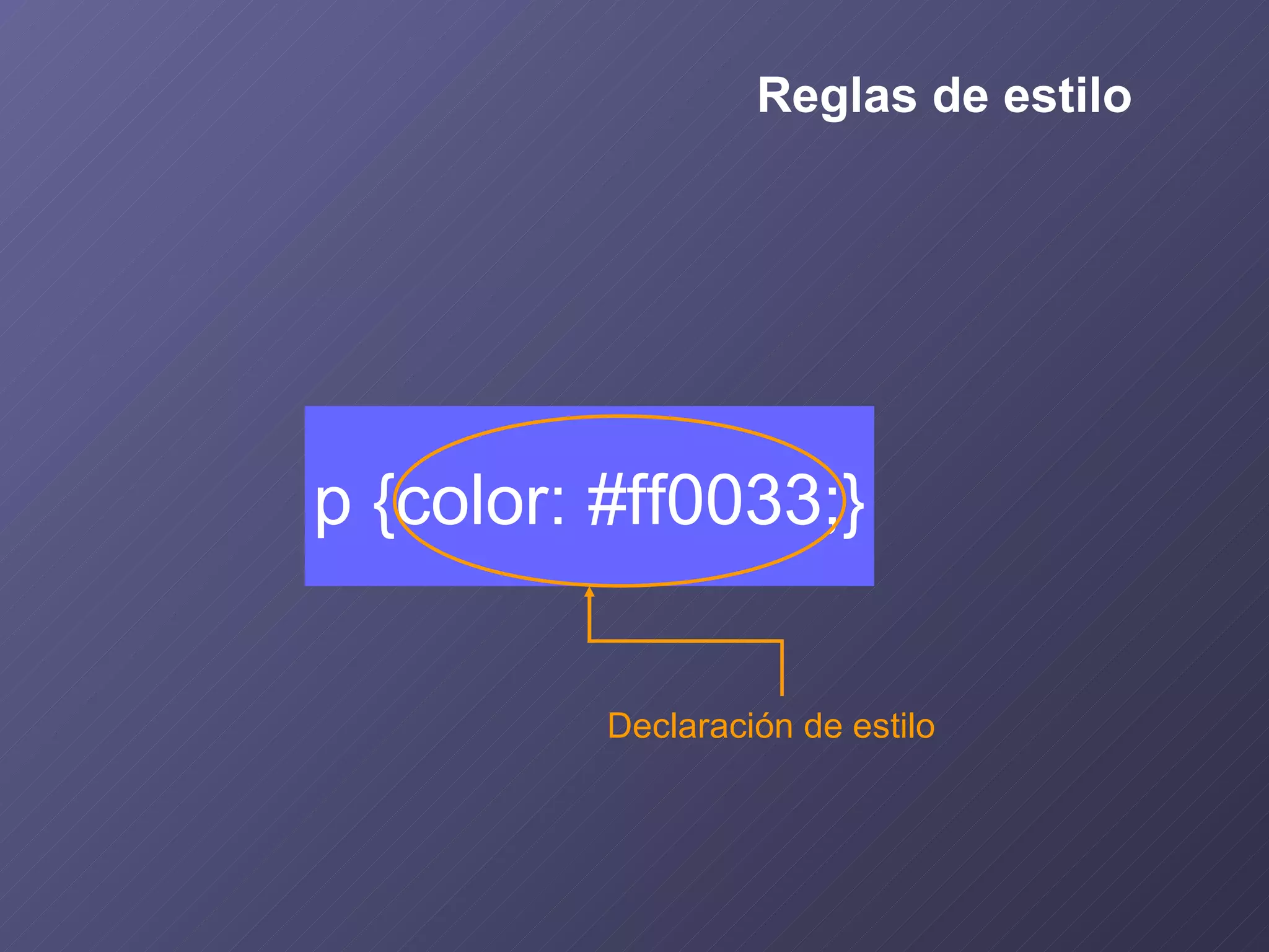 Declaración de estilo p {color: #ff0033;} Reglas de estilo 