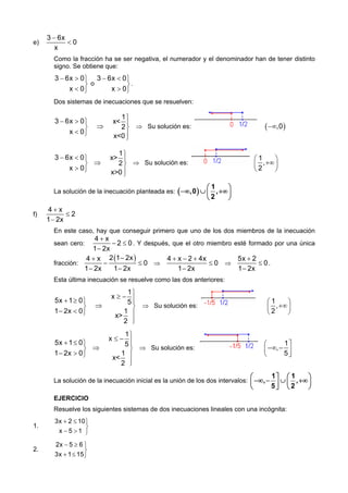 e)

3 − 6x
<0
x
Como la fracción ha se ser negativa, el numerador y el denominador han de tener distinto
signo. Se obtiene que:

3 − 6x > 0 ⎫ 3 − 6x < 0 ⎫
⎬ o
⎬.
x < 0⎭
x > 0⎭
Dos sistemas de inecuaciones que se resuelven:

3 − 6x > 0 ⎫
⎬
x < 0⎭

⇒

3 − 6x < 0 ⎫
⎬ ⇒
x > 0⎭

1⎫
x< ⎪
2 ⎬ ⇒ Su solución es:
x<0 ⎪
⎭

( −∞,0 )

1⎫
x> ⎪
2 ⎬ ⇒ Su solución es:
x>0 ⎪
⎭

⎛1
⎞
⎜ 2 , +∞ ⎟
⎝
⎠
⎛1
⎞
, +∞ ⎟
⎝2
⎠

La solución de la inecuación planteada es: ( −∞,0 ) ∪ ⎜
f)

4+x
≤2
1 − 2x
En este caso, hay que conseguir primero que uno de los dos miembros de la inecuación

4+x
− 2 ≤ 0 . Y después, que el otro miembro esté formado por una única
1 − 2x
4 + x 2 (1 − 2x )
4 + x − 2 + 4x
5x + 2
−
≤0 ⇒
≤0 ⇒
≤ 0.
fracción:
1 − 2x
1 − 2x
1 − 2x
1 − 2x

sean cero:

Esta última inecuación se resuelve como las dos anteriores:

5x + 1 ≥ 0 ⎫
⎬
1 − 2x < 0 ⎭

⇒

5x + 1 ≤ 0 ⎫
⎬ ⇒
1 − 2x > 0 ⎭

1⎫
x≥− ⎪
5⎪
⎬ ⇒ Su solución es:
1 ⎪
x>
⎭
2 ⎪

⎛1
⎞
⎜ 2 , +∞ ⎟
⎝
⎠

1⎫
x≤− ⎪
5⎪
⎬ ⇒ Su solución es:
1 ⎪
x<
⎭
2 ⎪

1⎤
⎛
⎜ −∞, − 5 ⎥
⎝
⎦

⎛
⎝

1⎤

⎛1
⎝

⎞
⎠

La solución de la inecuación inicial es la unión de los dos intervalos: ⎜ −∞, − ⎥ ∪ ⎜ , +∞ ⎟
5
2

⎦

EJERCICIO
Resuelve los siguientes sistemas de dos inecuaciones lineales con una incógnita:
1.

3x + 2 ≤ 10 ⎫
⎬
x −5 >1 ⎭

2.

2x − 5 ≥ 6 ⎫
⎬
3x + 1 ≤ 15 ⎭

 