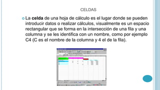 CELDAS 
 La celda de una hoja de cálculo es el lugar donde se pueden 
introducir datos o realizar cálculos, visualmente es un espacio 
rectangular que se forma en la intersección de una fila y una 
columna y se les identifica con un nombre, como por ejemplo 
C4 (C es el nombre de la columna y 4 el de la fila). 
 