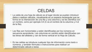 CELDAS 
• La celda de una hoja de cálculo es el lugar donde se pueden introducir 
datos o realizar cálculos, visualmente es un espacio rectangular que se 
forma en la intersección de una fila y una columna y se les identifica con 
un nombre, como por ejemplo C4 (C es el nombre de la columna y 4 el 
de la fila). 
• Las filas son horizontales y están identificadas por los números en 
secuencia ascendente. Las columnas en cambio están identificadas con 
las letras del alfabeto y van de forma vertical en la Hoja de Cálculo. 
• En las celdas se introduce cualquier tipo de información como texto o 
números, y también fórmulas o instrucciones para realizar un 
determinado cálculo o tarea 
 