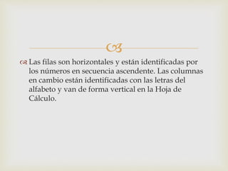  
 Las filas son horizontales y están identificadas por 
los números en secuencia ascendente. Las columnas 
en cambio están identificadas con las letras del 
alfabeto y van de forma vertical en la Hoja de 
Cálculo. 
