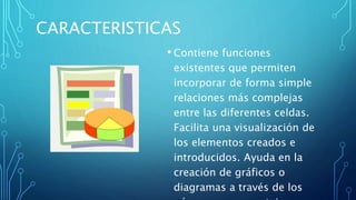 CARACTERISTICAS
• Contiene funciones
existentes que permiten
incorporar de forma simple
relaciones más complejas
entre las diferentes celdas.
Facilita una visualización de
los elementos creados e
introducidos. Ayuda en la
creación de gráficos o
diagramas a través de los
 