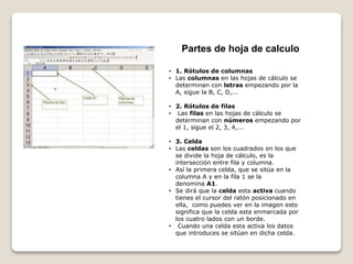 Partes de hoja de calculo 
• 1. Rótulos de columnas 
• Las columnas en las hojas de cálculo se 
determinan con letras empezando por la 
A, sigue la B, C, D,... 
• 2. Rótulos de filas 
• Las filas en las hojas de cálculo se 
determinan con números empezando por 
el 1, sigue el 2, 3, 4,... 
• 3. Celda 
• Las celdas son los cuadrados en los que 
se divide la hoja de cálculo, es la 
intersección entre fila y columna. 
• Así la primera celda, que se sitúa en la 
columna A y en la fila 1 se la 
denomina A1. 
• Se dirá que la celda esta activa cuando 
tienes el cursor del ratón posicionado en 
ella, como puedes ver en la imagen esto 
significa que la celda esta enmarcada por 
los cuatro lados con un borde. 
• Cuando una celda esta activa los datos 
que introduces se sitúan en dicha celda. 
 