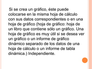    Si se crea un gráfico, éste puede colocarse en la misma hoja de cálculo con sus datos correspondientes o en una hoja de gráfico (hoja de gráfico: hoja de un libro que contiene sólo un gráfico. Una hoja de gráfico es muy útil si se desea ver un gráfico o un informe de gráfico dinámico separado de los datos de una hoja de cálculo o un informe de tabla dinámica.) Independiente.