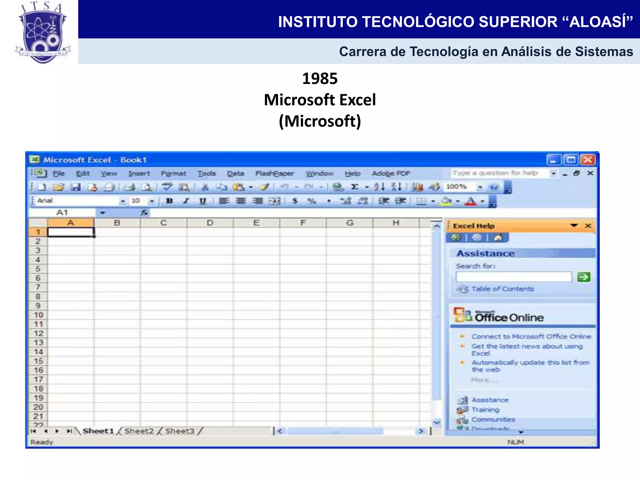 1985
Microsoft Excel
(Microsoft)
INSTITUTO TECNOLÓGICO SUPERIOR “ALOASÍ”
Carrera de Tecnología en Análisis de Sistemas
 