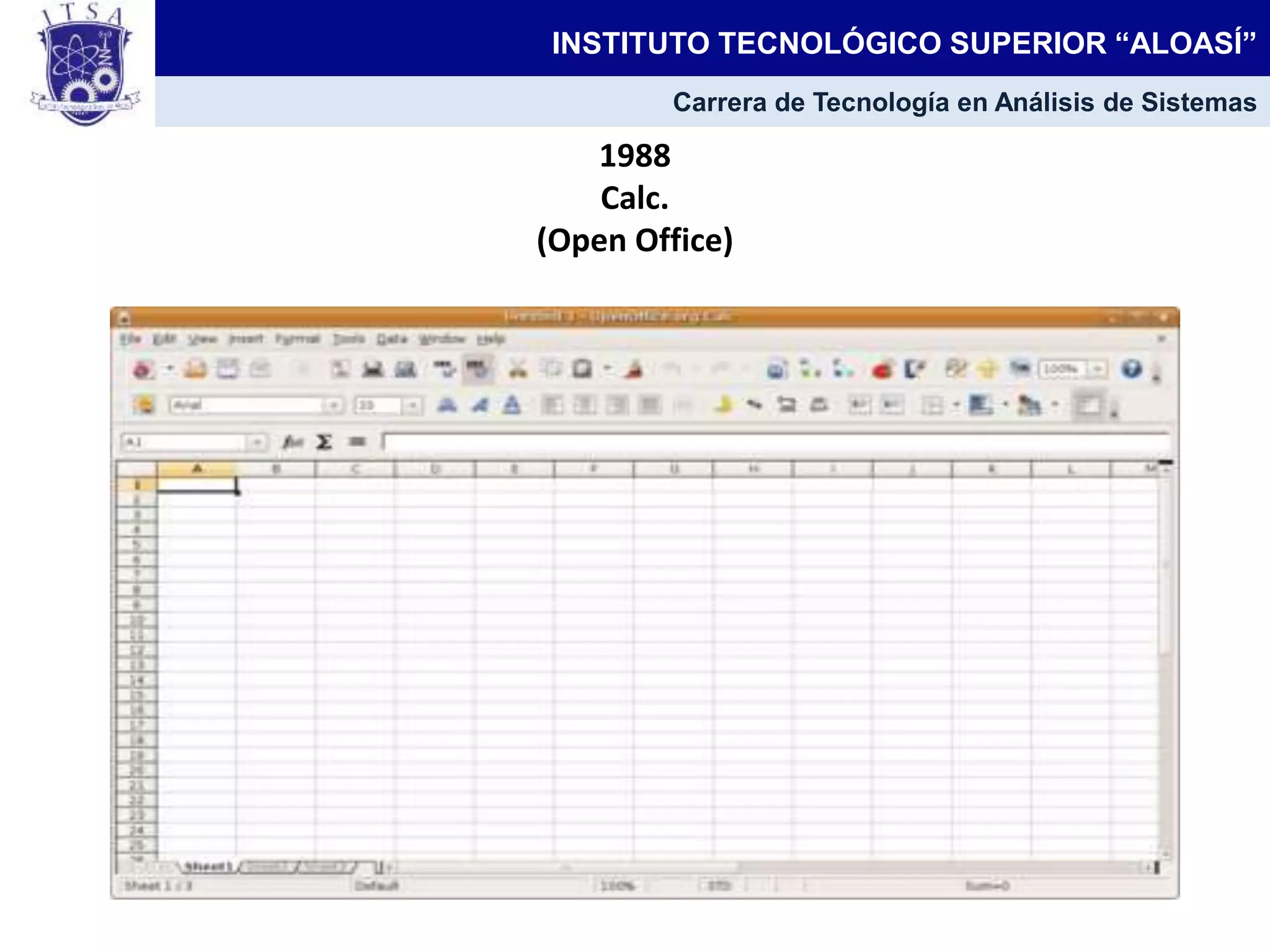 1988
Calc.
(Open Office)
INSTITUTO TECNOLÓGICO SUPERIOR “ALOASÍ”
Carrera de Tecnología en Análisis de Sistemas
 