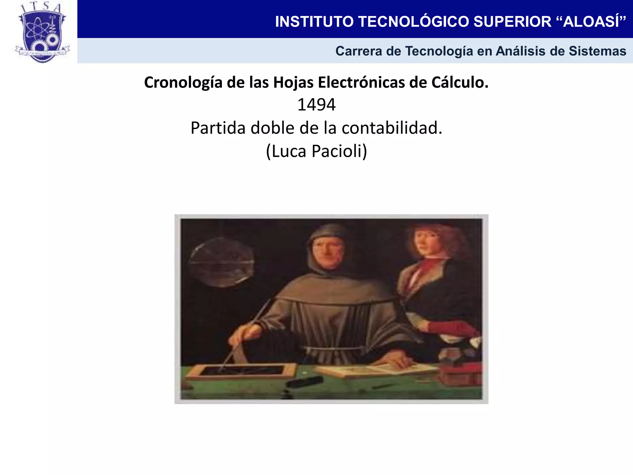 Cronología de las Hojas Electrónicas de Cálculo.
1494
Partida doble de la contabilidad.
(Luca Pacioli)
INSTITUTO TECNOLÓGICO SUPERIOR “ALOASÍ”
Carrera de Tecnología en Análisis de Sistemas
 
