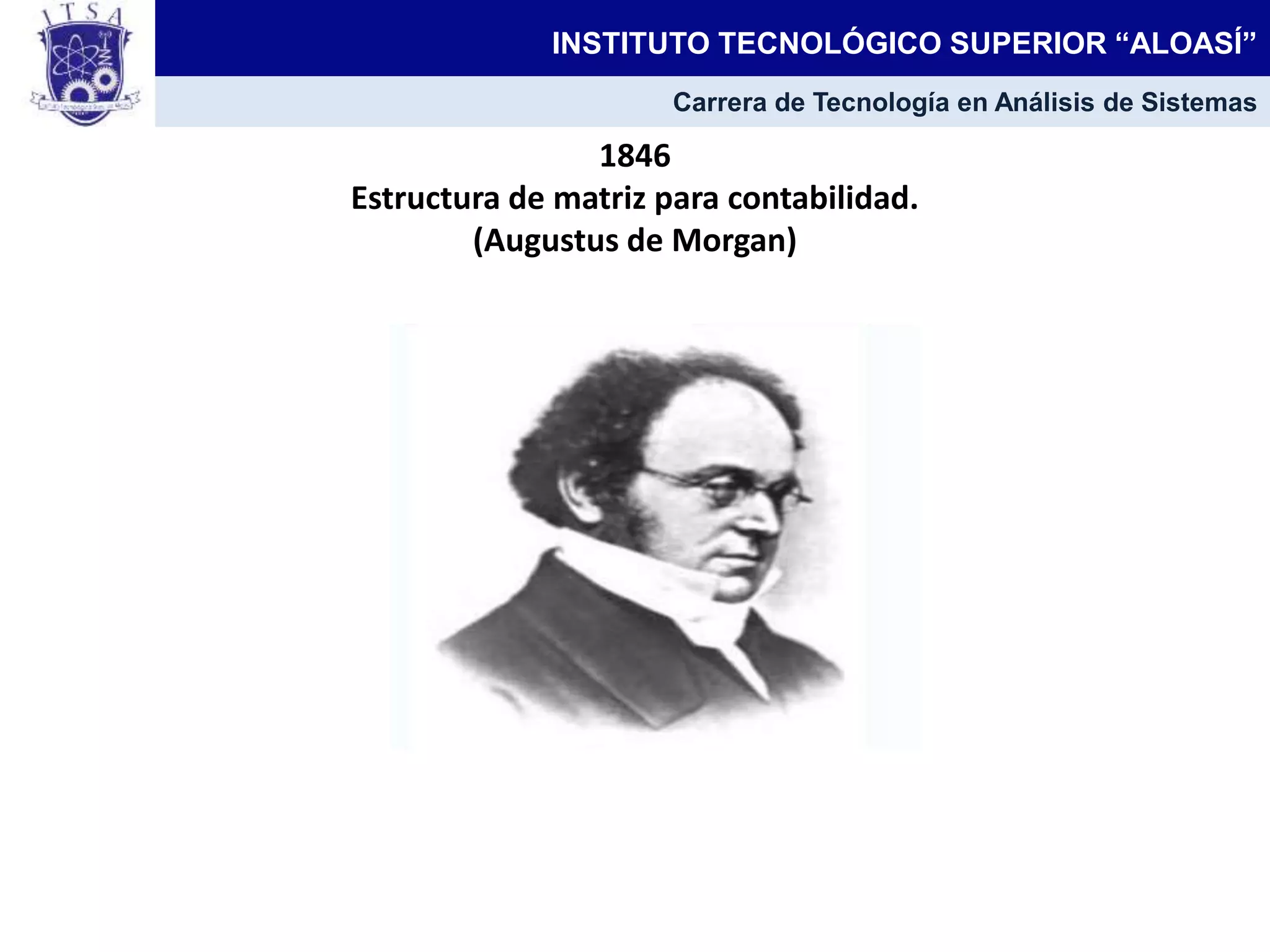 1846
Estructura de matriz para contabilidad.
(Augustus de Morgan)
INSTITUTO TECNOLÓGICO SUPERIOR “ALOASÍ”
Carrera de Tecnología en Análisis de Sistemas
 