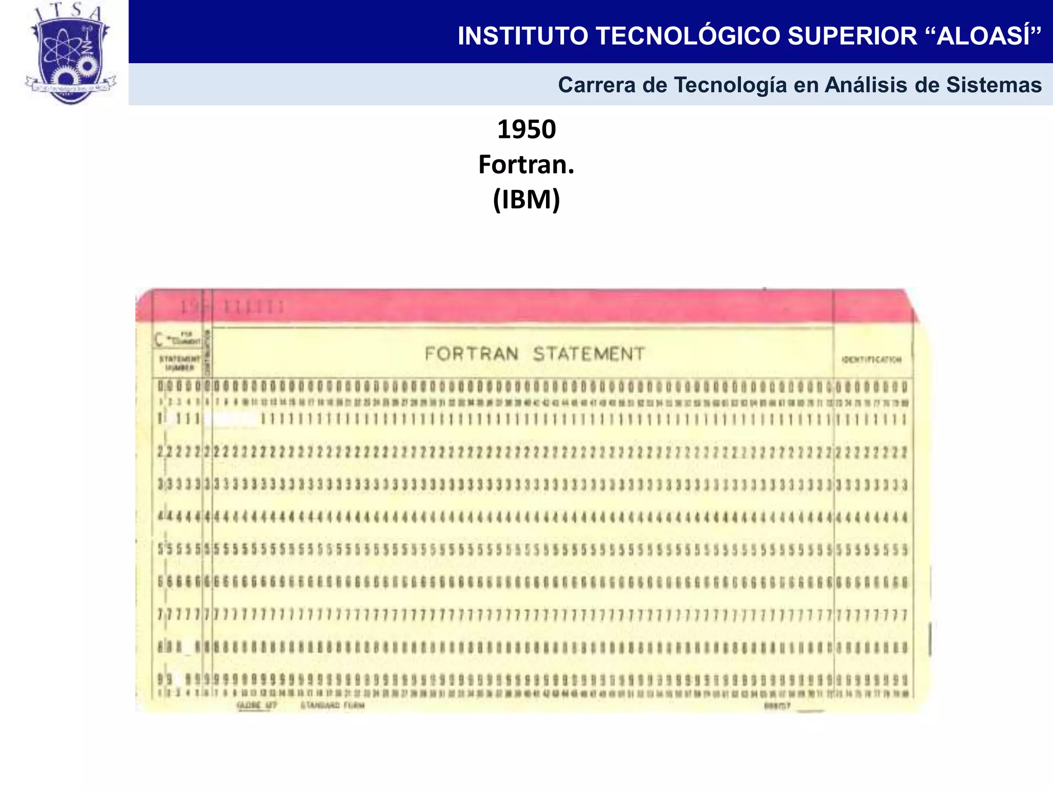 1950
Fortran.
(IBM)
INSTITUTO TECNOLÓGICO SUPERIOR “ALOASÍ”
Carrera de Tecnología en Análisis de Sistemas
 