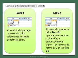 Al escribir el signo +, el
marco de la celda
seleccionada cambia
de forma y color.
Al hacer click sobre la
celda B1 o B2
aparece este nombre
o dirección, a
continuación del
signo +, en la barra de
fórmulas y en la celda
B3
http://docentesenlinea.fahce.unlp.edu.ar
 