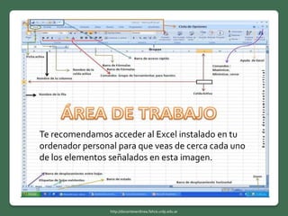 Te recomendamos acceder al Excel instalado en tu
ordenador personal para que veas de cerca cada uno
de los elementos señalados en esta imagen.
http://docentesenlinea.fahce.unlp.edu.ar
 