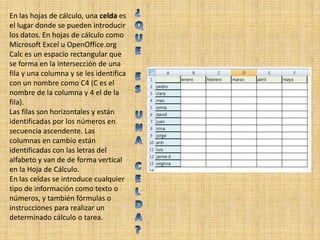 ¿QUEESUNACELDA?En las hojas de cálculo, una celda es el lugar donde se pueden introducir los datos. En hojas de cálculo como Microsoft Excel u OpenOffice.org Calc es un espacio rectangular que se forma en la intersección de una fila y una columna y se les identifica con un nombre como C4 (C es el nombre de la columna y 4 el de la fila).Las filas son horizontales y están identificadas por los números en secuencia ascendente. Las columnas en cambio están identificadas con las letras del alfabeto y van de de forma vertical en la Hoja de Cálculo.En las celdas se introduce cualquier tipo de información como texto o números, y también fórmulas o instrucciones para realizar un determinado cálculo o tarea.
