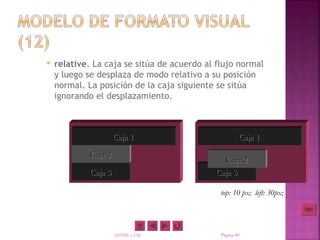    relative. La caja se sitúa de acuerdo al flujo normal
    y luego se desplaza de modo relativo a su posición
    normal. La posición de la caja siguiente se sitúa
    ignorando el desplazamiento.



                      Caja 1                          Caja 1
             Caja 2
                                              Caja 2
             Caja 3                         Caja 3

                                              top: 10 px; left: 30px;




                      XHTML y CSS             Página 40
 