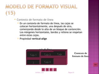    Contexto de formato de línea
       En un contexto de formato de línea, las cajas se
        colocan horizontalmente, una después de otra,
        comenzando desde lo alto de un bloque de contención.
        Los márgenes horizontales, bordes y relleno se respetan
        entre estas cajas.
       Propiedad vertical-align



                           caja de línea
                                              Caja          Contexto de
                Caja 1               Caja 2
                                                          formato de línea

                   3                 Caja 4


                       XHTML y CSS                   Página 43
 