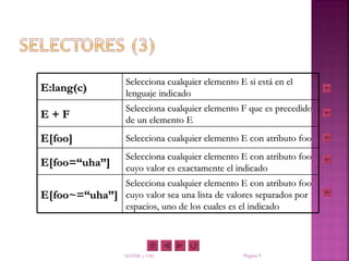 Selecciona cualquier elemento E si está en el
E:lang(c)          lenguaje indicado
                   Selecciona cualquier elemento F que es precedido
E+F                de un elemento E
E[foo]             Selecciona cualquier elemento E con atributo foo
                   Selecciona cualquier elemento E con atributo foo
E[foo=“uha”]       cuyo valor es exactamente el indicado
              Selecciona cualquier elemento E con atributo foo
E[foo~=“uha”] cuyo valor sea una lista de valores separados por
              espacios, uno de los cuales es el indicado



                   XHTML y CSS                    Página 9
 