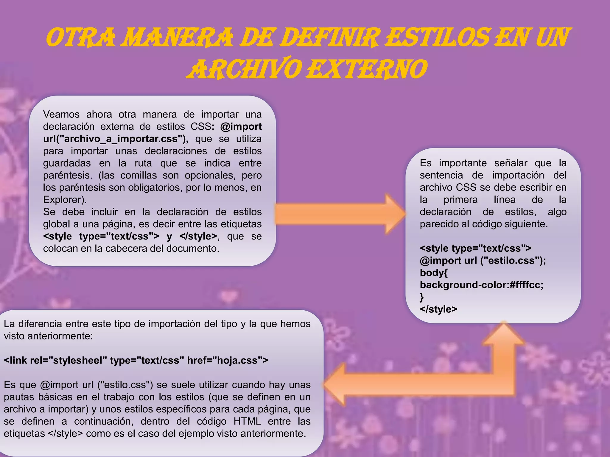 Otra manera de definir estilos en un
archivo externo
Veamos ahora otra manera de importar una
declaración externa de estilos CSS: @import
url("archivo_a_importar.css"), que se utiliza
para importar unas declaraciones de estilos
guardadas en la ruta que se indica entre
paréntesis. (las comillas son opcionales, pero
los paréntesis son obligatorios, por lo menos, en
Explorer).
Se debe incluir en la declaración de estilos
global a una página, es decir entre las etiquetas
<style type="text/css"> y </style>, que se
colocan en la cabecera del documento.
Es importante señalar que la
sentencia de importación del
archivo CSS se debe escribir en
la primera línea de la
declaración de estilos, algo
parecido al código siguiente.
<style type="text/css">
@import url ("estilo.css");
body{
background-color:#ffffcc;
}
</style>
La diferencia entre este tipo de importación del tipo y la que hemos
visto anteriormente:
<link rel="stylesheel" type="text/css" href="hoja.css">
Es que @import url ("estilo.css") se suele utilizar cuando hay unas
pautas básicas en el trabajo con los estilos (que se definen en un
archivo a importar) y unos estilos específicos para cada página, que
se definen a continuación, dentro del código HTML entre las
etiquetas </style> como es el caso del ejemplo visto anteriormente.
 