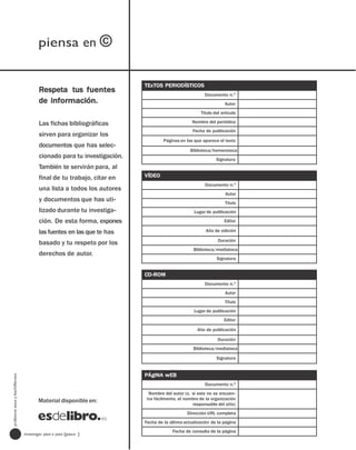 piensa en ©

                                                                        TExTOS PERIODÍSTICOS
                                       Respeta tus fuentes
                                                                                                     Documento n.º
                                       de información.                                                          Autor
                                                                                                   Título del artículo

                                       Las fichas bibliográficas                               Nombre del periódico
                                                                                               Fecha de publicación
                                       sirven para organizar los
                                                                                 Páginas en las que aparece el texto
                                       documentos que has selec-
                                                                                              Biblioteca/hemeroteca
                                       cionado para tu investigación.                                      Signatura
                                       También te servirán para, al
                                       final de tu trabajo, citar en    VÍDEO
                                                                                                     Documento n.º
                                       una lista a todos los autores
                                                                                                                Autor
                                       y documentos que has uti-                                                Título
                                       lizado durante tu investiga-                             Lugar de publicación

                                       ción. De esta forma, expones                                            Editor

                                       las fuentes en las que te has                                  Año de edición

                                                                                                            Duración
                                       basado y tu respeto por los
                                                                                                Biblioteca/mediateca
                                       derechos de autor.
                                                                                                           Signatura


                                                                        CD-ROM
                                                                                                     Documento n.º
                                                                                                                Autor
                                                                                                                Título
                                                                                                Lugar de publicación
                                                                                                               Editor

                                                                                                  Año de publicación

                                                                                                            Duración
                                                                                                Biblioteca/mediateca

                                                                                                           Signatura


                                                                        PÁgINA wEB
profesores eso y bachillerato




                                                                                                     Documento n.º
                                                                          Nombre del autor (o, si este no se encuen-
                                       Material disponible en:           tra fácilmente, el nombre de la organización
                                                                                               responsable del sitio)
                                                                                             Dirección URL completa
                                                                        Fecha de la última actualización de la página
                                                                                     Fecha de consulta de la página
 2                              investigar paso a paso [paso ]
 