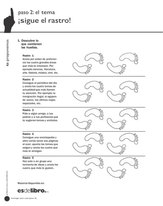 paso 2: el tema
                                          ¡sigue el rastro!

                                         1. Descubre lo
te proponemos




                                            que contienen
                                            las huellas.

                                                Rastro 1
                                                Anota por orden de preferen-
                                                cia las cuatro grandes áreas
                                                que más te interesen. Por
                                                ejemplo ciencias, literatura,
                                                arte, historia, música, cine, etc.

                                                Rastro 2
                                                Consigue el periódico del día
                                                y anota los cuatro temas de
                                                actualidad que más llamen
                                                tu atención. Por ejemplo: la
                                                inmigración ilegal, el agujero
                                                de ozono, los últimos viajes
                                                espaciales, etc.

                                                Rastro 3
                                                Pide a algún amigo, a tus
                                                padres o a tus profesores que
                                                te sugieran temas y anótalos.



                                                Rastro 4
                                                Consigue una enciclopedia y
                                                abre varias veces sus páginas
                                                al azar; apunta los temas que
                                                salgan y anota los cuatro que
                                                más te atraigan.

                                                Rastro 5
                                                Haz solo o en grupo una
                                                tormenta de ideas y anota las
                                                cuatro que más te gusten.
  profesores eso y bachillerato




                                         Material disponible en:




                                  investigar paso a paso [paso 2]
 