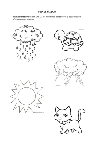 133
HOJA DE TRABAJO
Instrucciones: Marca con una “X” los fenómenos atmosféricos y estaciones del
año que puedas observar.
 