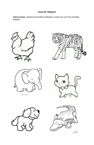 156
HOJA DE TRABAJO
Instrucciones: colorea los animales domésticos y marca con una X los animales
salvajes
 
