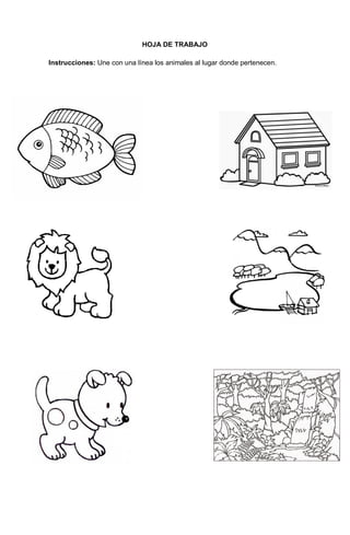 157
HOJA DE TRABAJO
Instrucciones: Une con una línea los animales al lugar donde pertenecen.
 