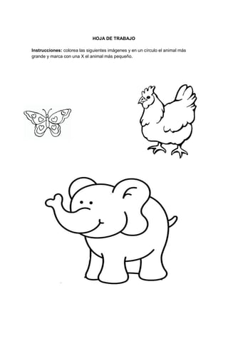58
HOJA DE TRABAJO
Instrucciones: colorea las siguientes imágenes y en un círculo el animal más
grande y marca con una X el animal más pequeño.
 