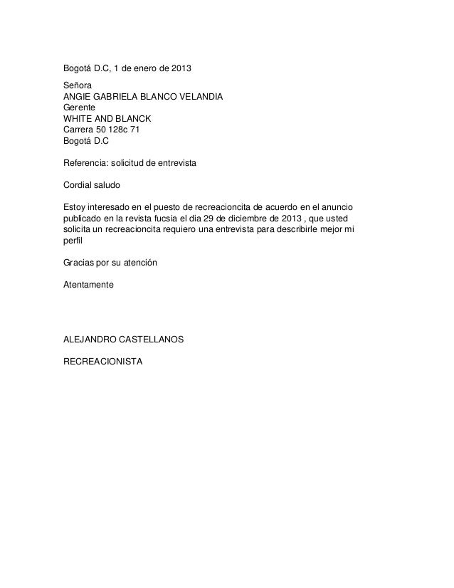 Carta De Solicitud Entrevista De Trabajo