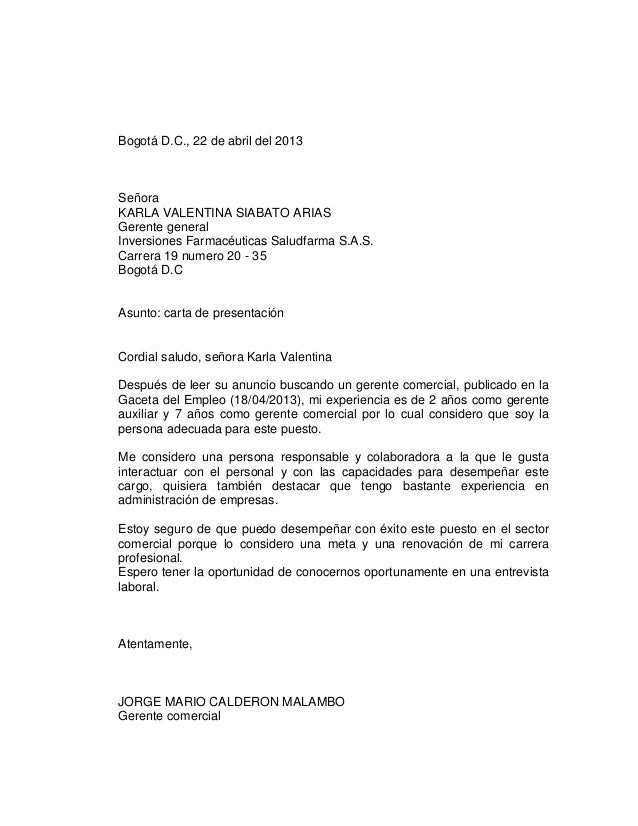 Carta De Presentacion De Una Hoja De Vida