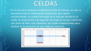 • Es el área que conforma realmente la hoja de cálculo, en ella se
encuentra toda la información importante que vamos
introduciendo. La unidad principal de la hoja de cálculo es la
celda. Su disposición a lo largo de una hoja es tal que conforma
una serie de filas y de columnas, las cuales emplearemos para
facilitar la localización de una celda en concreto.
 
